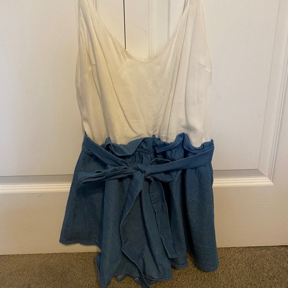 White & Denim Romper with Tie